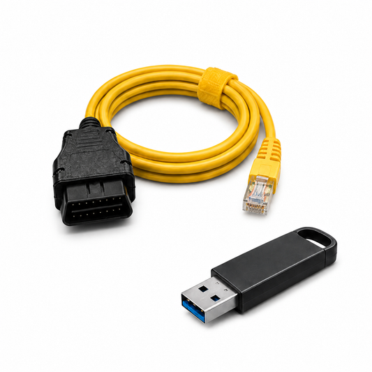 Gelbes ENET Diagnosekabel für BMW F-, G-, i- & U-Reihe – inkl. Treiber-USB